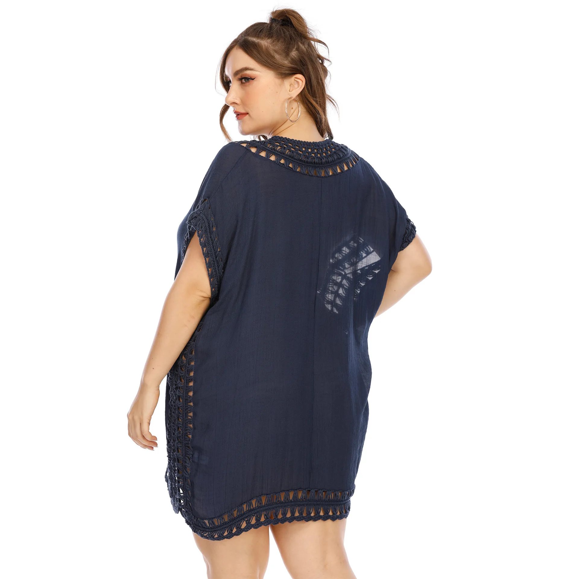 Plus Size Multi-color Crochet Fringed Beach Dress V Neck Hollow out Women's Swimsuit Cover up Oversize Summer Beachwear
