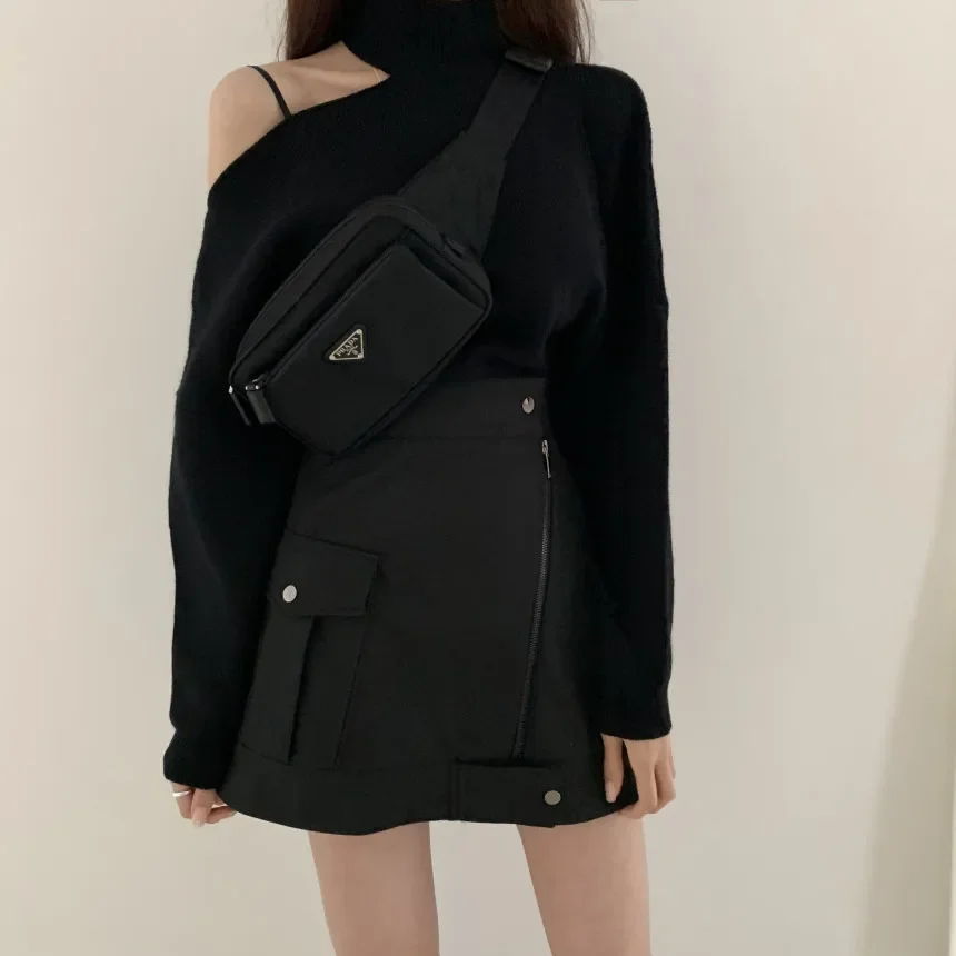 Winter Autumn Loose Irregular Casual Elegant Hollow Out Turtleneck Sweaters Tops Halter Bare Shoulders Knitted Pullover Black