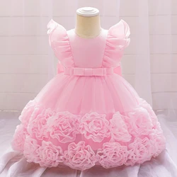 Vintage Flower Girls Party Dresses Ruffles Sleeves Baby 1st Birthday Wedding Gown Toddler Princess Dress For Girl Summer Clothes