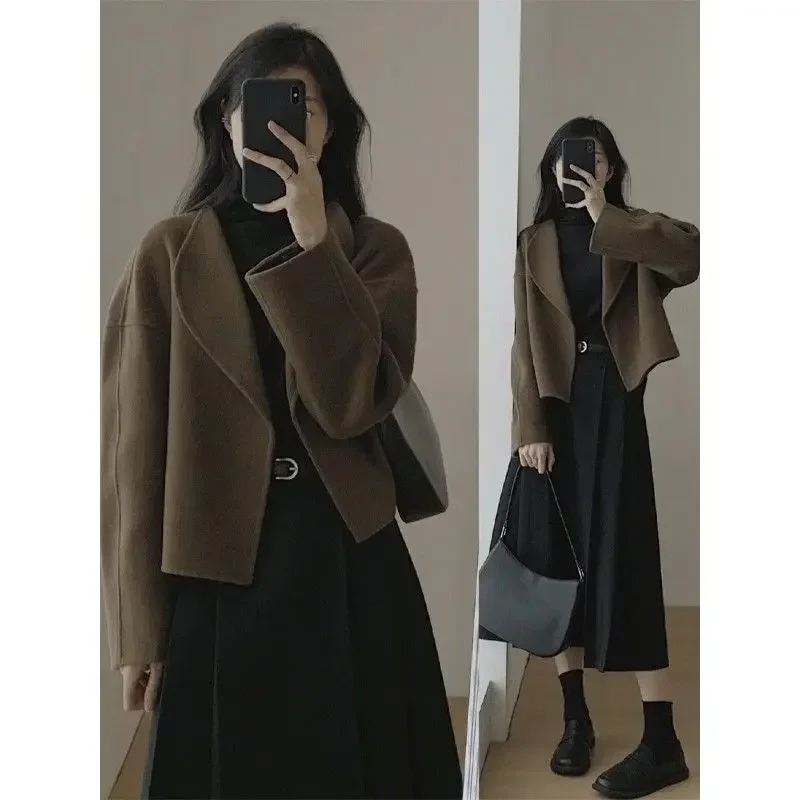 

Korean Short Trench Coat Pleated Skirt Woman Set Lapel Long Sleeved A-line Two Piece Set Autumn Elegant Female Fashion Outfit