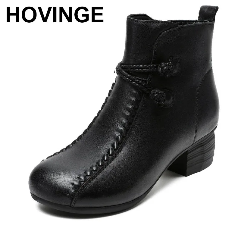 

Real Leather Ethnic Women's Boots Middle Mom ort Faion Retro Footwear Comfortable round Toe Heel Rubber Sole