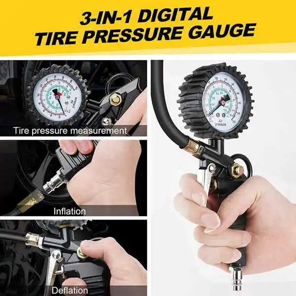 Tire Pressure Gauge 2200 PSI Tire Inflator Gauge Vehicle Monitor Tool Valve Cap ressure Gun Type For Air Compressor Durable