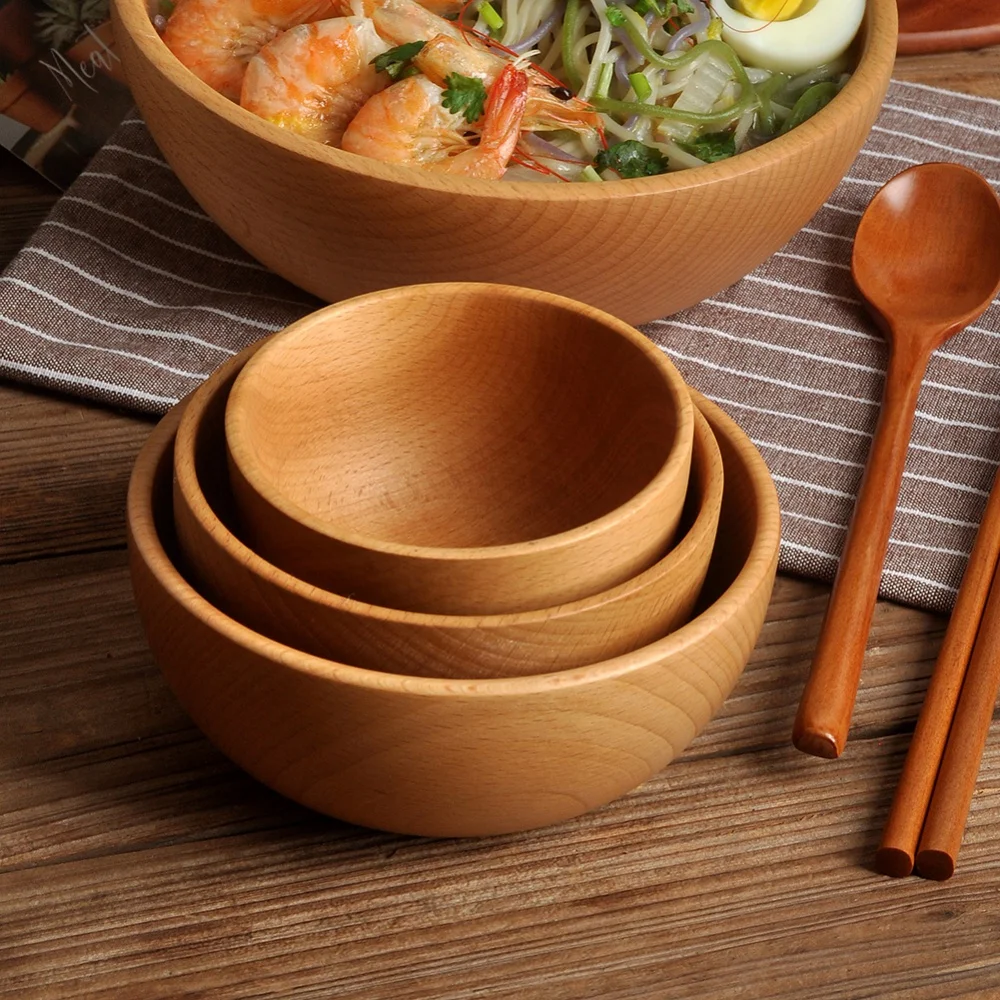 Natural Beech Wood Bowl With Spoon Household Kitchen Food Containers Wooden Cutlery Basin Fruit Bowl Salad Storage Woodbowl