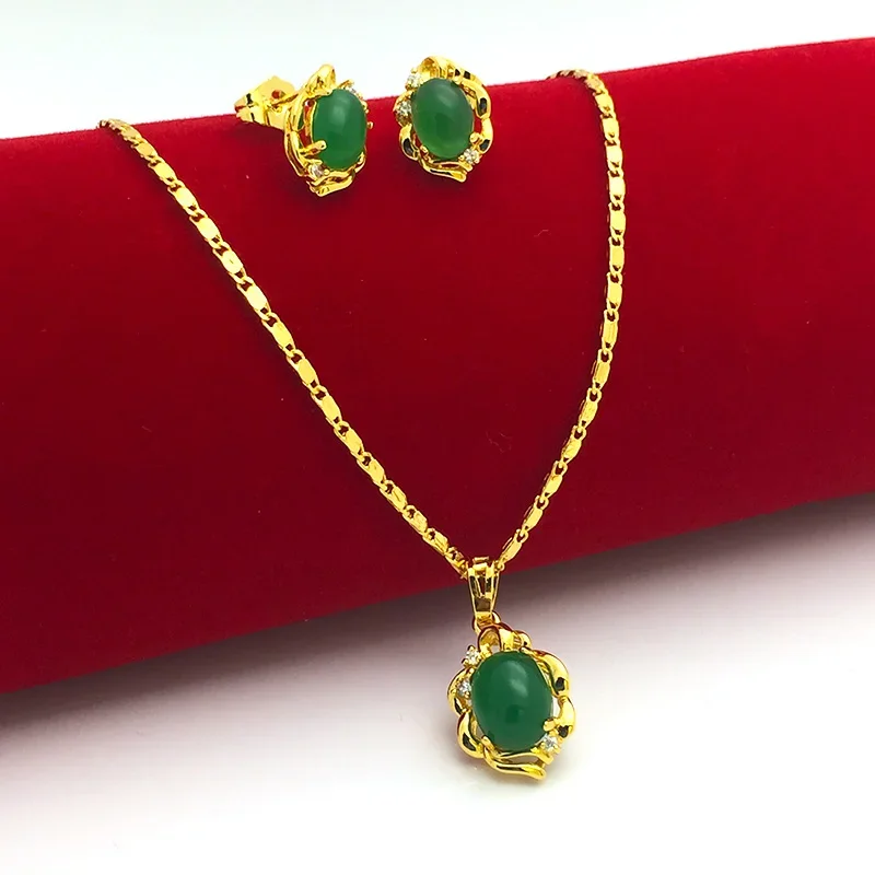 High Quality 24k Gold Plated Emerald Pendant Necklace Earring Jewelry Set For Woman's Wedding Engagement Fashion Party Gifts