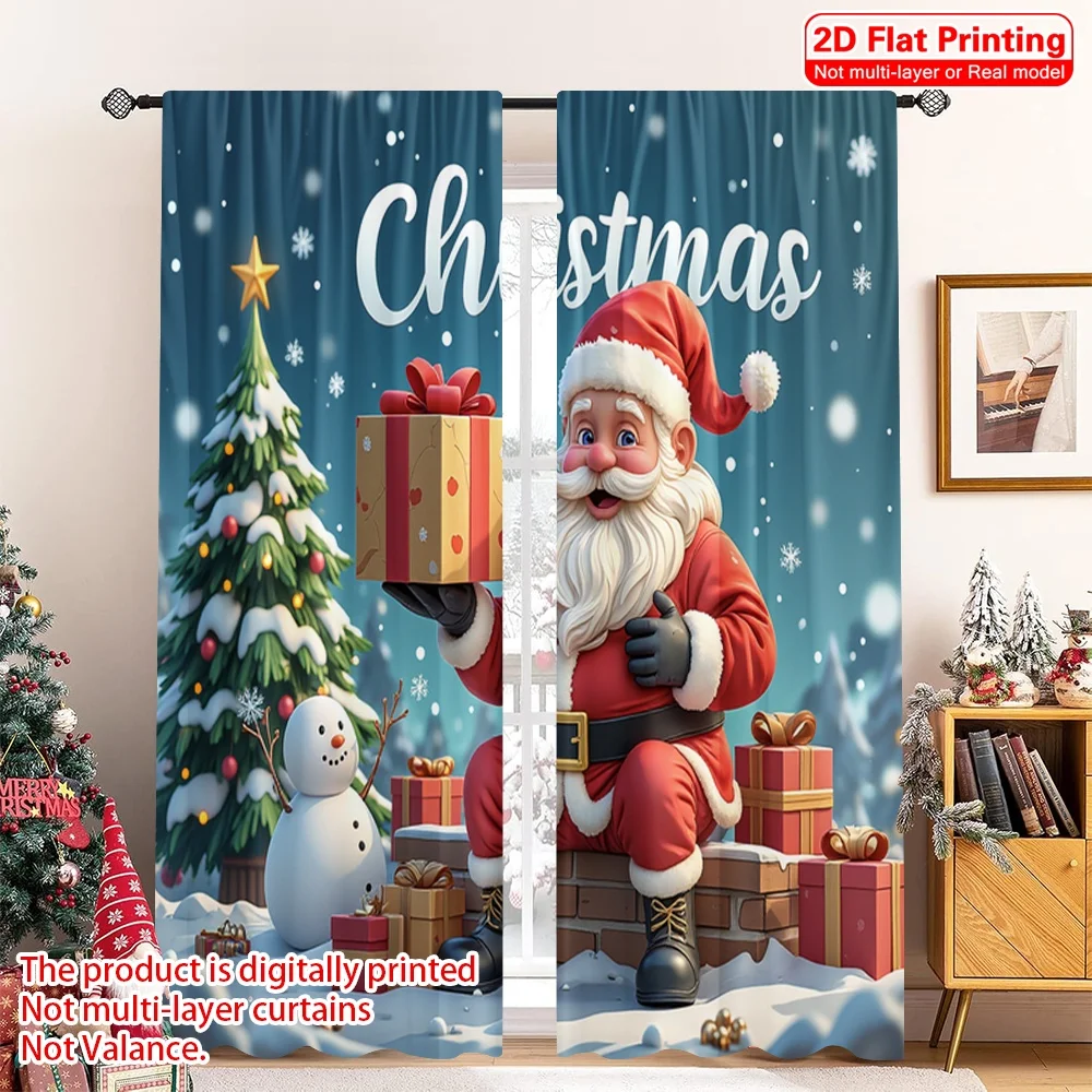 

2pcs 2D flat printing Christmas Drapes Santa Snowman Presents Christmas 100% Polyester Fabric Without Electricity Festive Wall