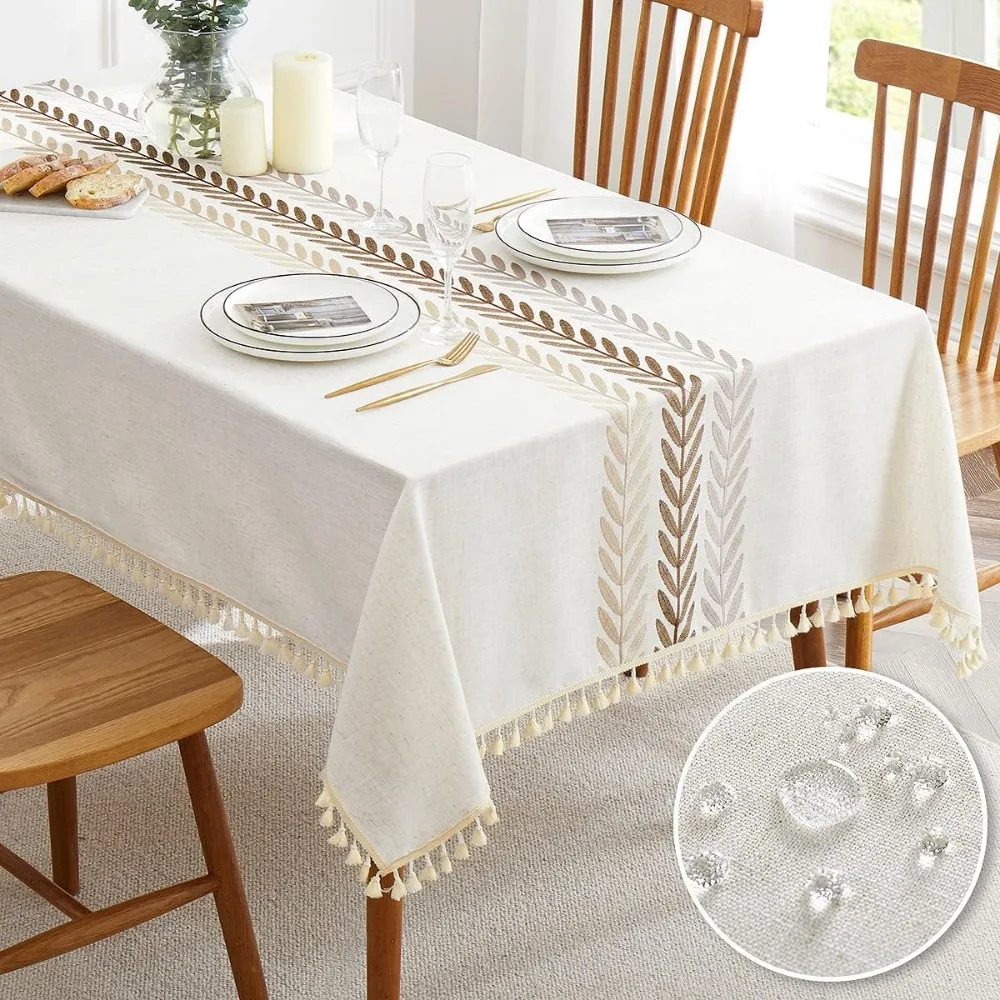 

Cotton Linen Rectangle Tablecloth for Dining, Embroidered Design, Spill and Soil Resistant, Dust Proof (Coffee Color)