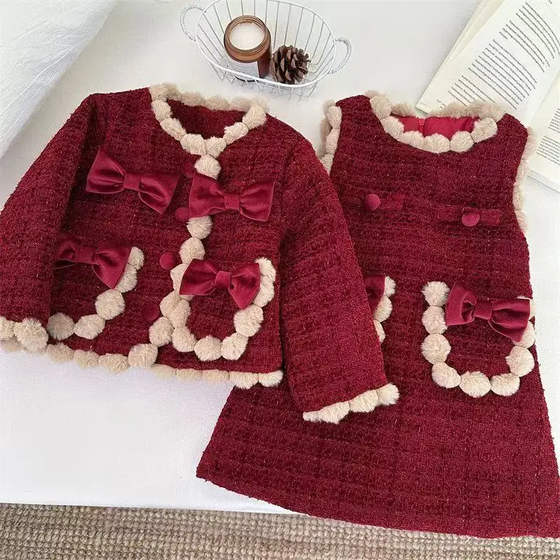 

Girls' Set children's Autumn and Winter Korean Style Small Fragrance Red New Year Clothing Girls' Jacket+Dress Two-piece Set