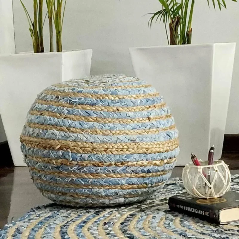 

Ottoman Cover Denim Jute Braided Home Décor Modern Room Pouf Foot Stool Cover