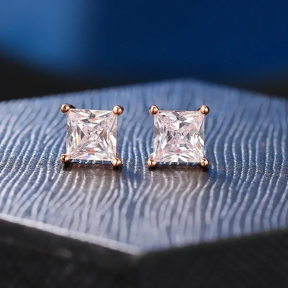 1 Pair Trend Square Zircon Piercing Stud Earrings For Men Women Classic Gold Silver Color Ear Accessories Fashion Jewelry