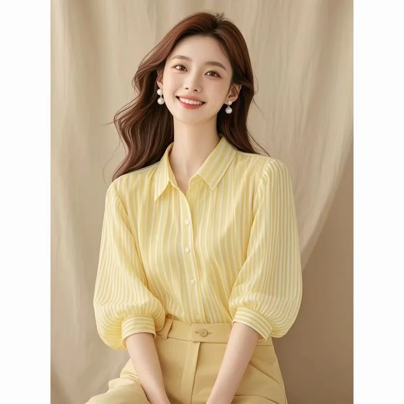 

High Quality 2025 Summer New French Style Elegant Korean Top Yellow Striped Shirt Women's Lantern Sleeve Shirt Tops Fashion lady