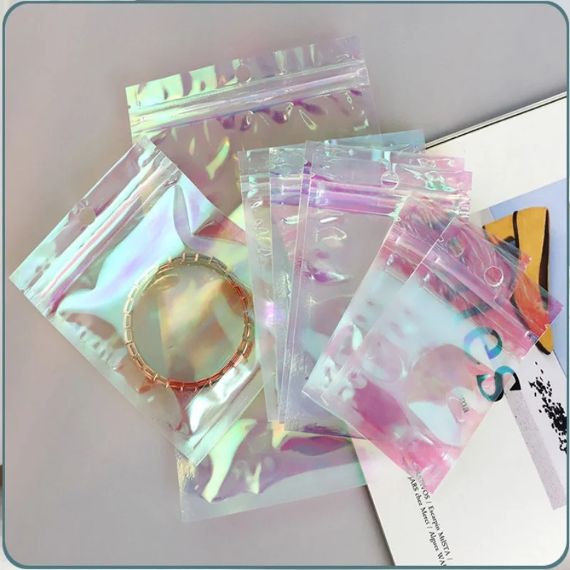 

100pcs Flat Holographic Iridescent Film Zip Lock Packaging Bag Resealable Snack Candy Nail Beauty Jewel Button Gifts Pouches