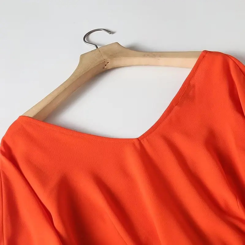 Jenny&Dave Autumn French Midi Dress Women Fashion Ladies Orange Party Dress Simple Wrap Tie Elegant