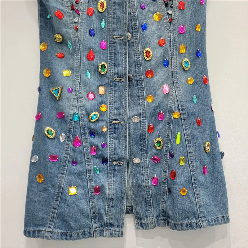 ANJY صيف جديد إمرأة خمر أنيق مطرز الماس أكمام بدوره إلى أسفل طوق واحدة الصدر جيب الدنيم فستان قصير A7767