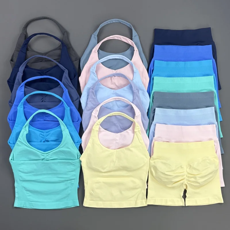 HISTELLO Impact Gym Set Women Sports Halter Top Ribbed Shorts Yoga Workout Sportswear Training Fitness Seamless Leggings Suit
