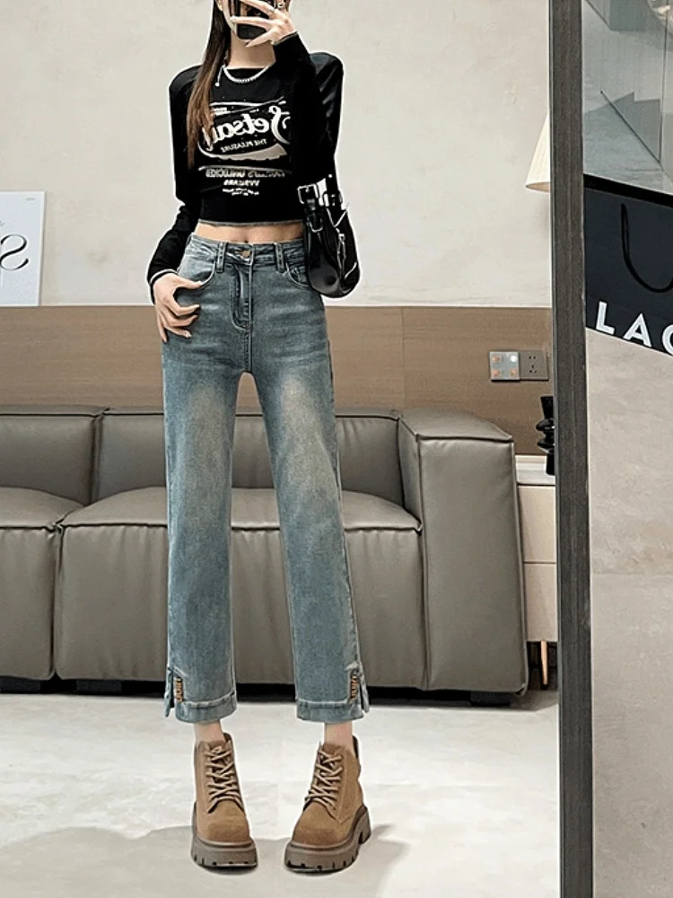 

Прямые джинсы с разрезом и высокой талией, женские летние облегающие джинсы длиной девять зубцов, синие джинсовые брюки из смеси хлопка и полиэстера