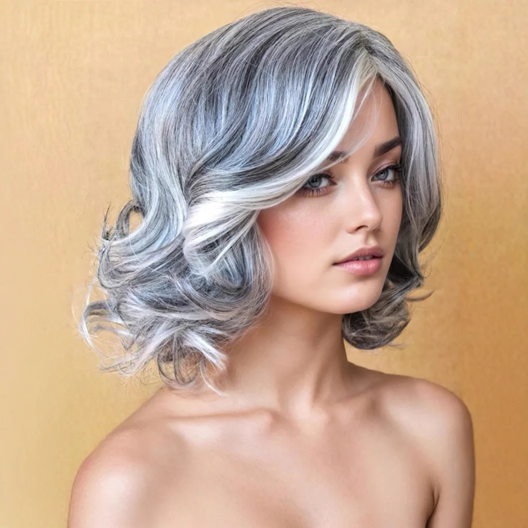 Women's European American Synthetic Long Wig Gray-White Short Hair with Fullness Side-Swept Long Bangs Export Synthetic Hair Cap