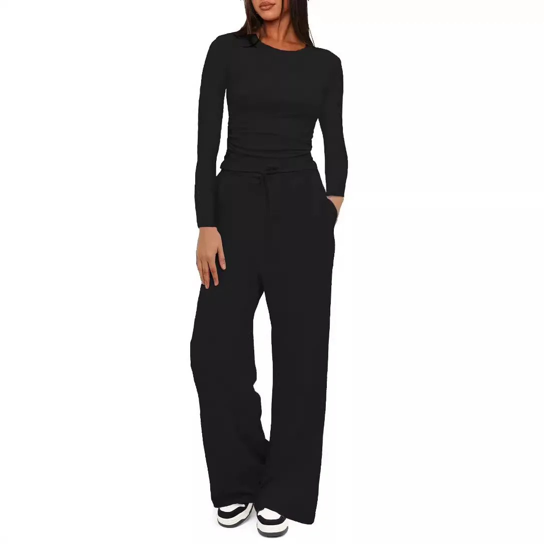 Soft Style Rib Knit Solid Two Piece Outfit, Long Sleeve Top Draped Wide Leg Pants Casual Matching Set For Women