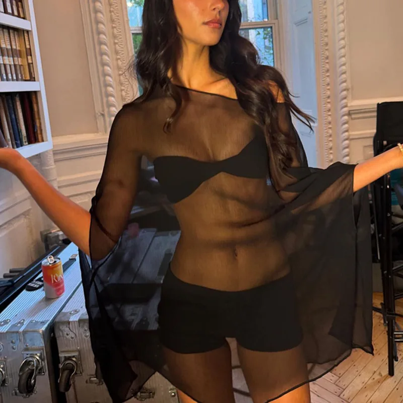 DSMTRC moda verano gasa ropa de playa transparente manga de murciélago sólido suelto cubrir vestido para mujeres media manga Mini vestidos
