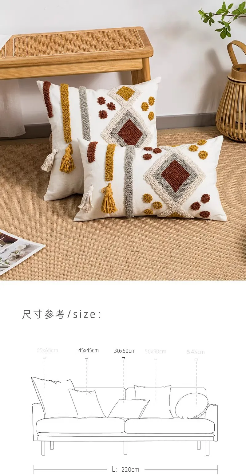 Boho Loop Tufted Kissenbezug, Baumwoll-Canvas, handgefertigter Quasten-Kissenbezug, dekorativer ethnischer bestickter Home-Decor-Kissenbezug – Detail 15