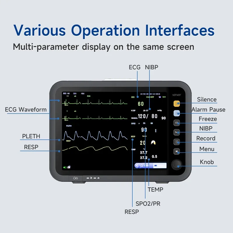 12 inch thin screen human 6-parameter monitor ECG/NIBP/PR/SPO2/RESP/TEMP patient monitor vital signs monitor