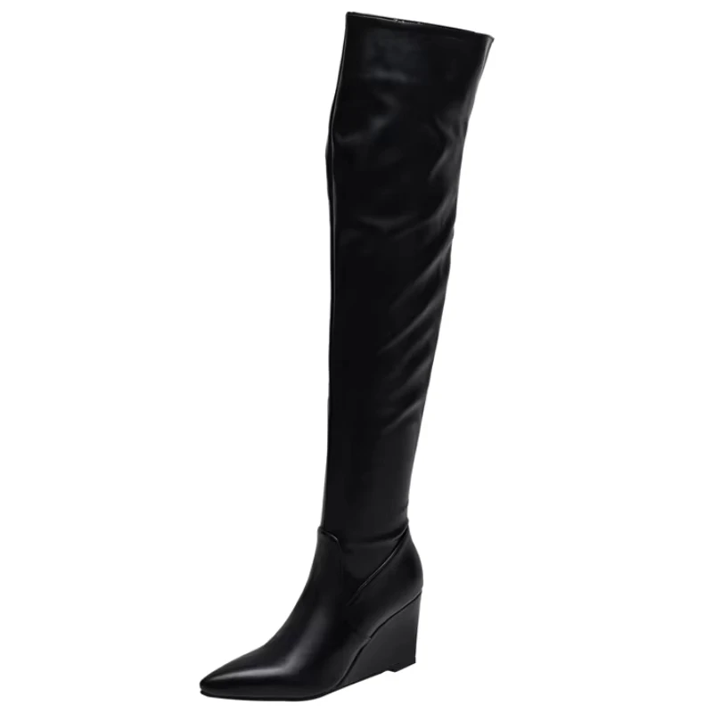 SGESVIER Sexy Over the Knee High Boots Women Heel Pointed Toe Thigh High Long Modern Boots Lady Shoes Black White Wedge Footwear image 3