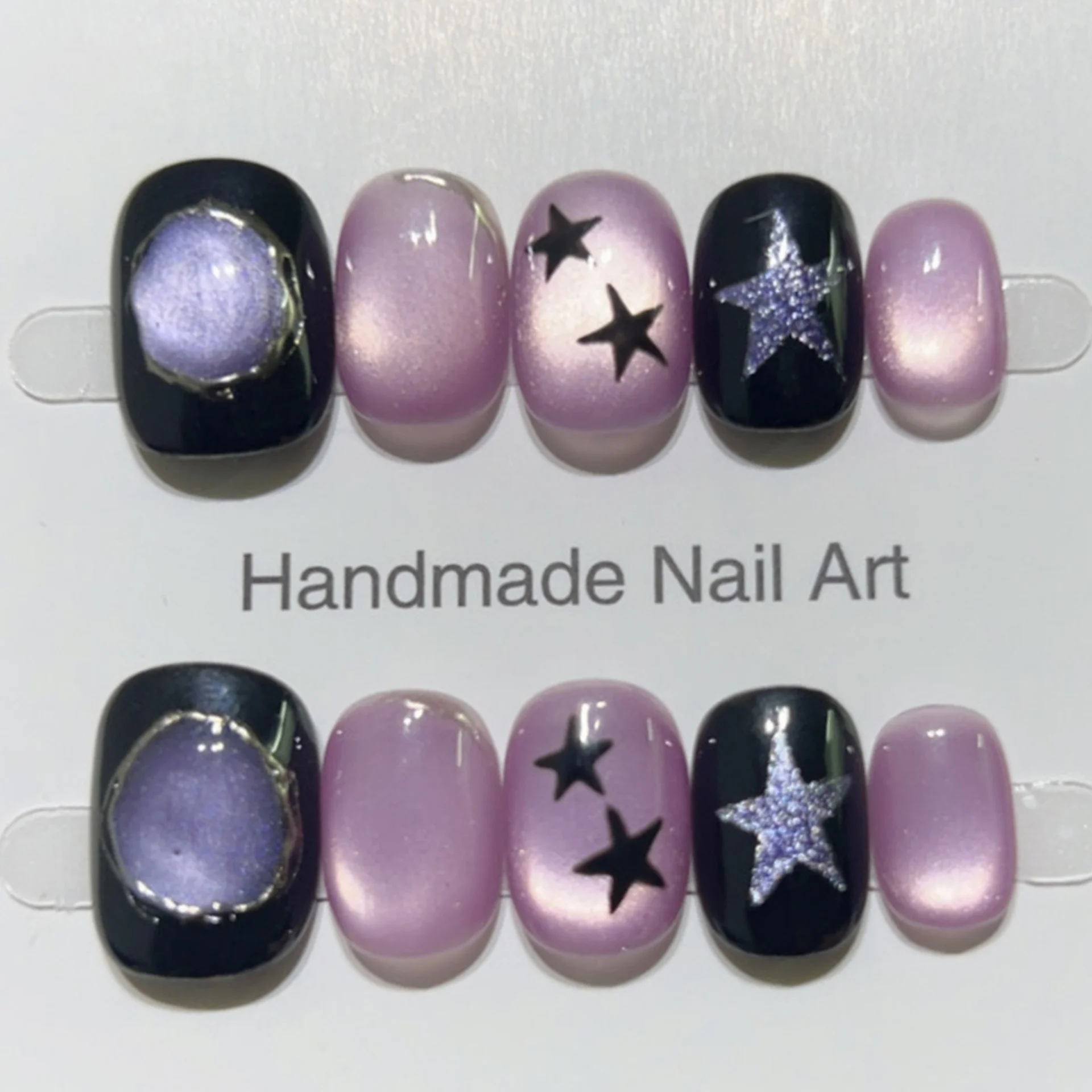 

10pcs Purple Fake Nails Tips Short Square Round Handmade False Nail Sets Glitter Star Design Press on Nails Sweet Cool Manicure