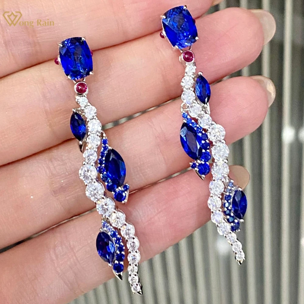 

Wong Rain 100% 925 Sterling Silver Pass Test 6*8 MM Oval Sapphire High Carbon Diamond Gems Drop Earrings Fine Jewelry Wholesale