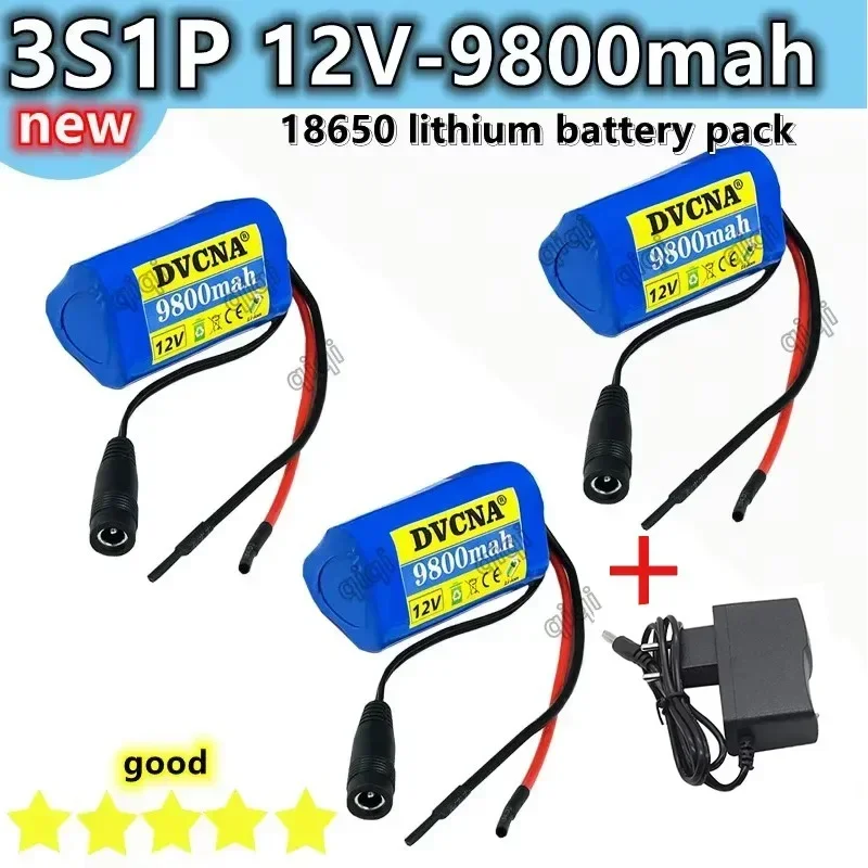 New 12V battery 3S1P 12.6V 9800mAh 18650 lithium-ion battery pack with BMS for backup power supply CCTV cameras+12V charher