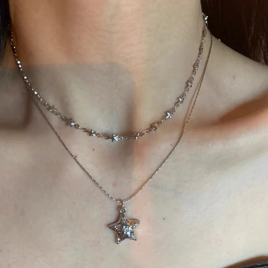 Korean Fashion Double Layer Star Pendant Necklace For Women Trendy Y2K Star Beads Choker Chain Fashion Casual Accessories Gift