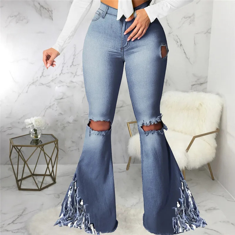 Solid Cut Out Hole Ripped Jeans High Waist Tassels Plus Size Trousers 2024 Vintage Skinny Flared Denim Pants Women Streetwear