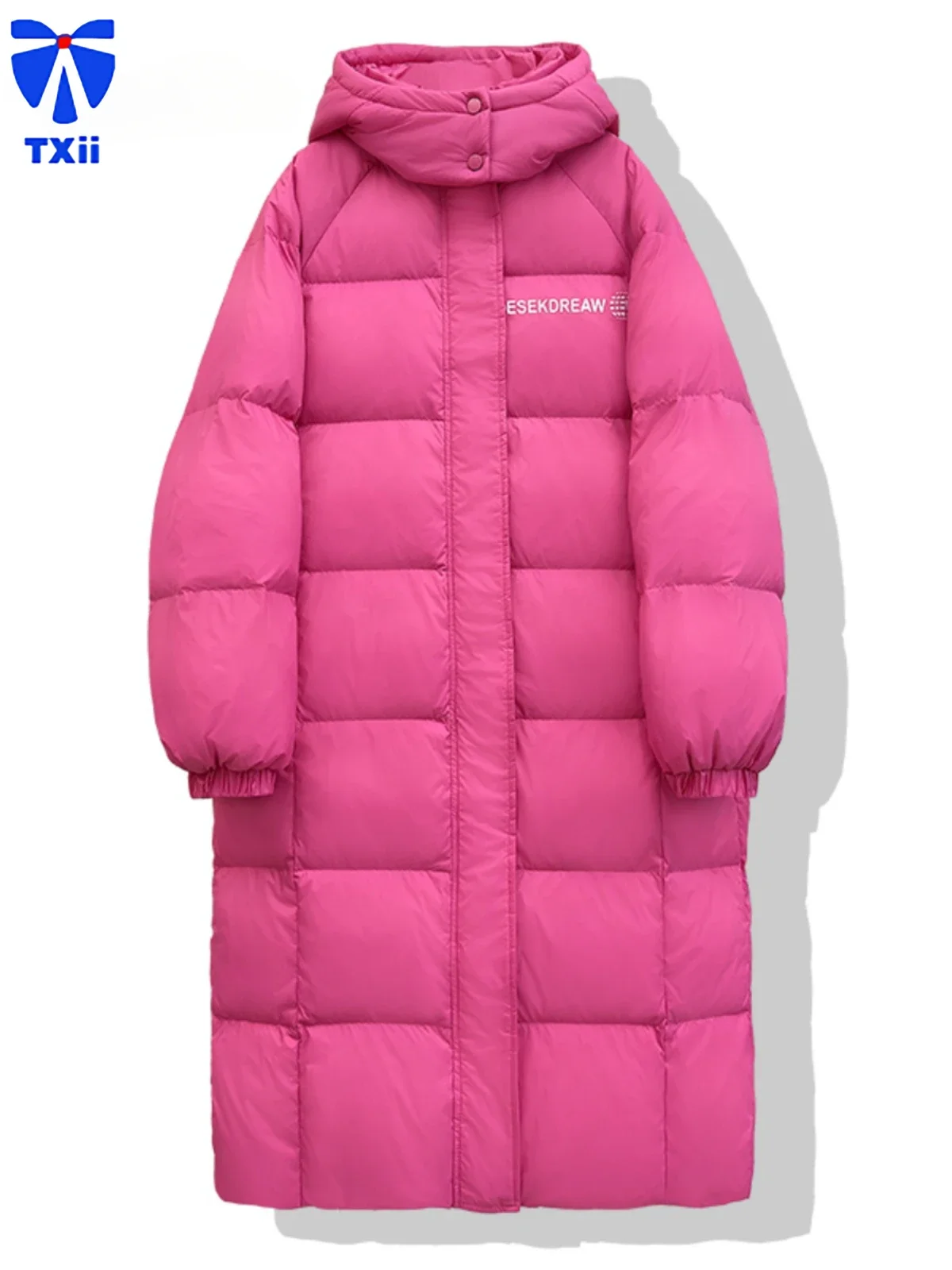 TXii Down jacket women's winter long straight tube earth new thick warm hooded over the knee loose  white duck down jacket