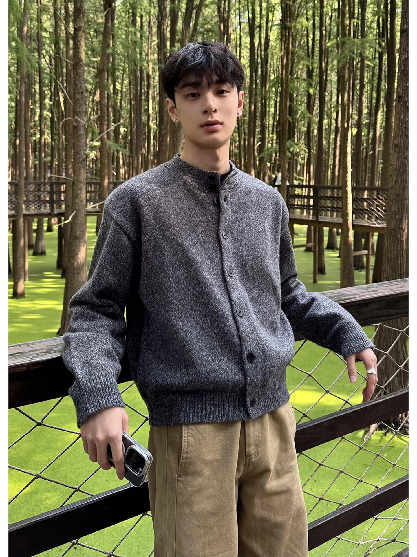 

ay f-High Collar Open Cardigan Sweater Men's Loose Sle Knitted irt Cleanfit Preppy Wind Coat Autumn Winter Lazy Feel