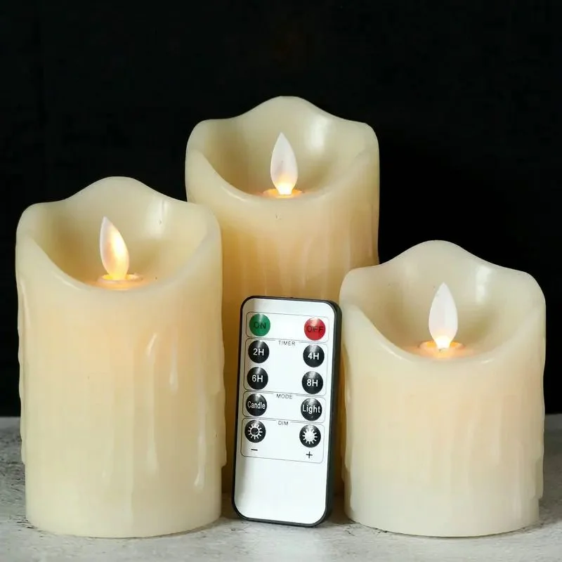 Set of 3 Flickering Pillar LED Candle Light Remote control w/Timer Dripped Paraffin Wax Swinging Dancing wick Home Decor-Amber