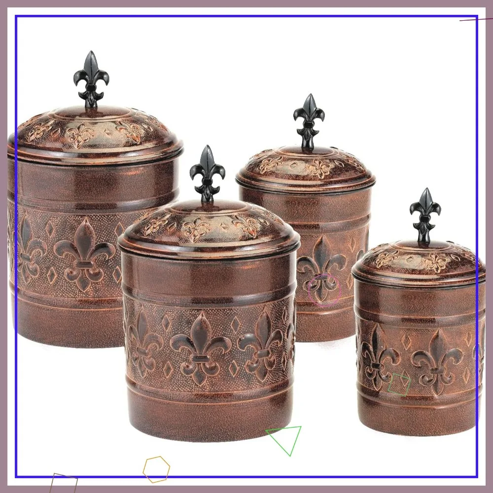 

Antique Patina Iron Canister Set with Fresh Seal Covers, 4-Piece Kitchen Storage for Flour Sugar Pasta Coffee