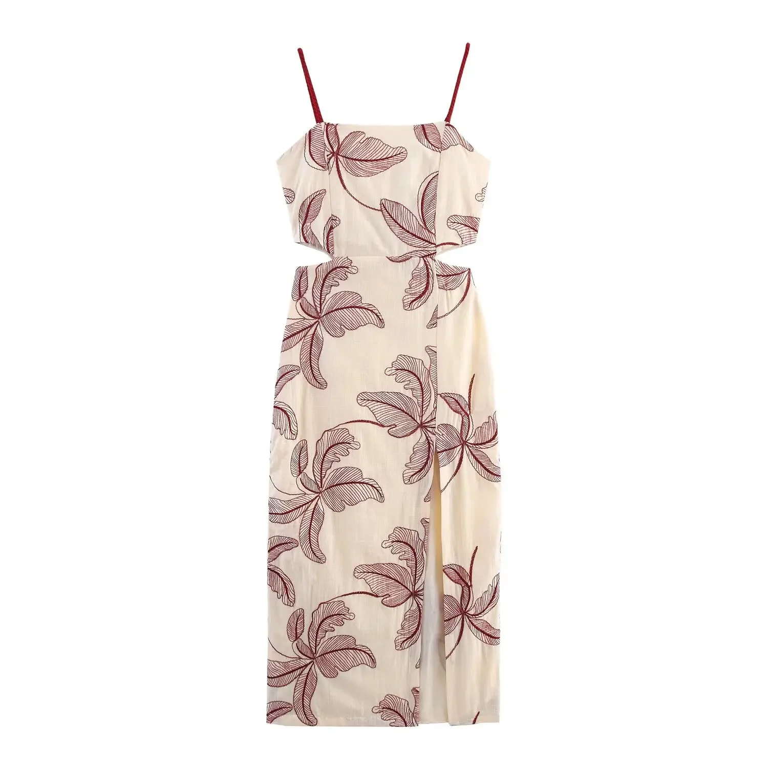 콘달라 가을 여성 우아한 자수 캐미 드레스 슬림 웨이스트 홀로우 아웃 미디 드레스 2025 여름 가을 패션 휴가 섹시 드레스