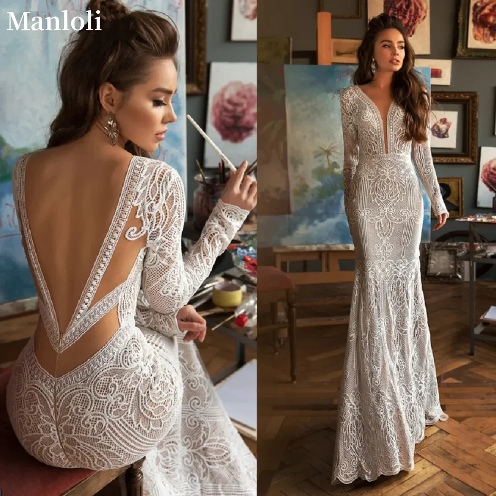 

Elegant Deep V-neck Lace Mermaid Wedding Dress backless long sleeved Bohemian Beach Wedding Dress Bride Dress Custom