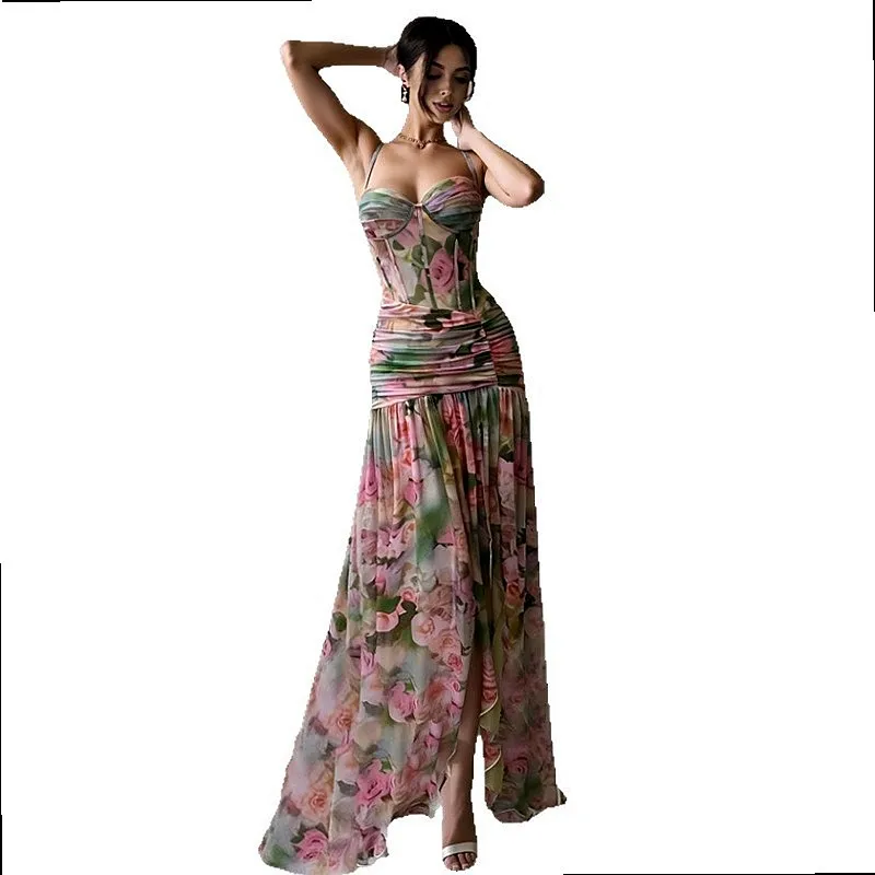 Sling Mesh Print Beach Dress Summer Bodycon Midi Dresses Women 5