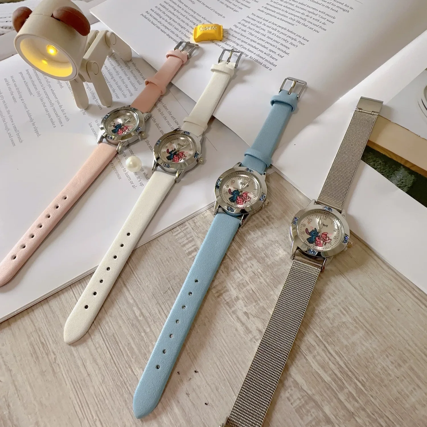 Disney Stitch Girl's Watches Diamond Quartz Watch for Women Stich Cartoon Leather Wristwatches Fashion Steel Belt Watch Gift