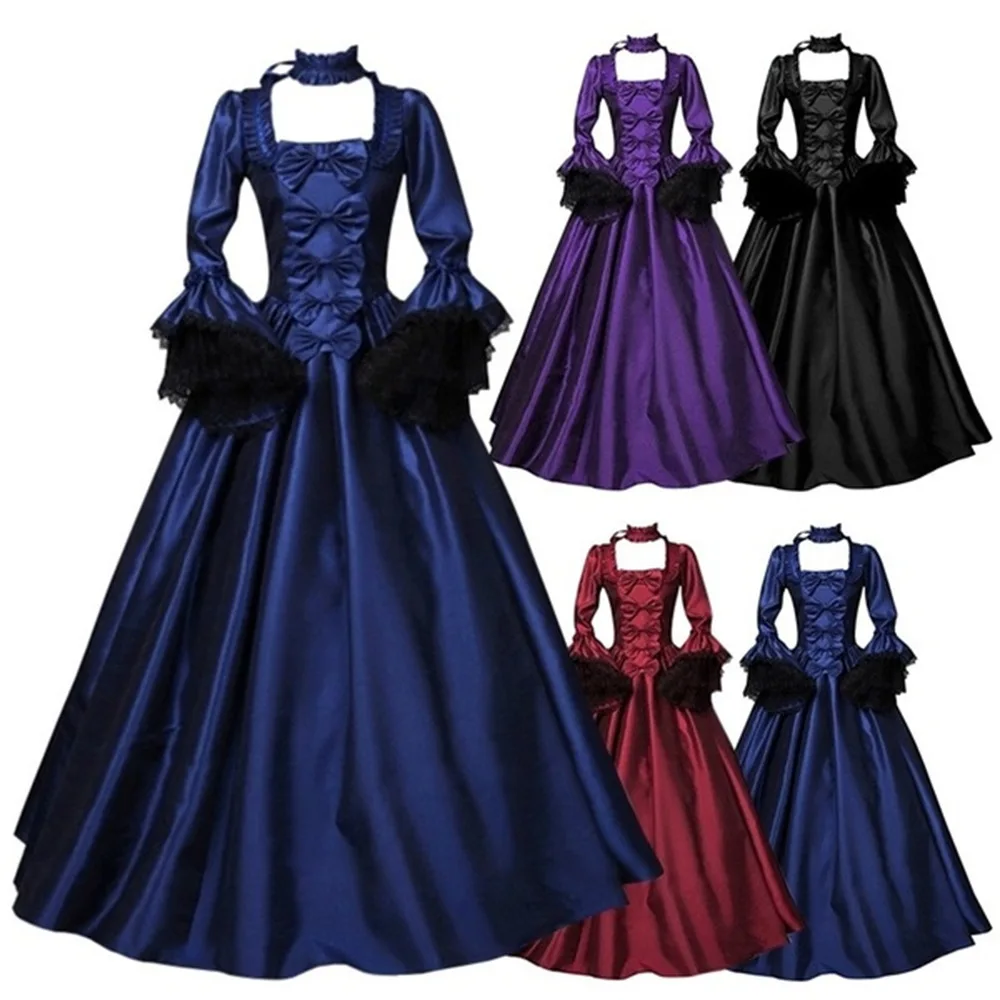 

Women Medieval Retro Dress Lace Patchwork Bell Sleeve Palace Gown Big Swing Dress Halloween Costume Victoria Queen Princess Dres