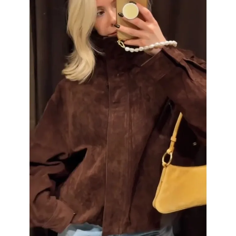 

Женская винтажная шикарная куртка-пальто из искусственной замши, оверсайз, с воротником-стойкой, укороченная, коричневая, осенне-зимняя, демисезонная верхняя одежда, женский наряд