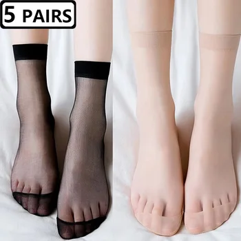 5 คู่ฤดูร้อนหญิงสั้นถุงเท้าผู้หญิงบางคริสตัลโปร่งใสสีดําถุงเท้าข้อเท้าผ้าไหมเรียบลื่น Breathable ถุงเท้าเซ็กซี่