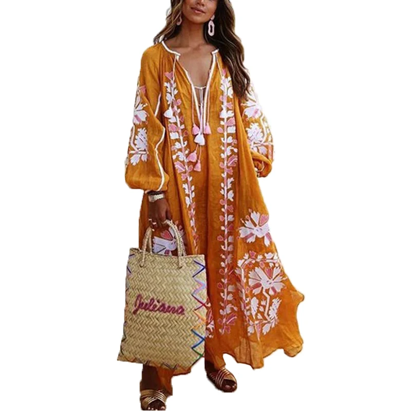 Woman Maxi Dress Boho Print Lace Up Long Sleeve Dress V-neck loose Fashion Bohemian Beach Vintage Ruffle Hem 2022 Print Dresses