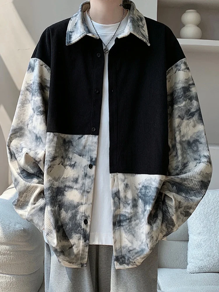 

Men's Long Sve Tie Dye Corduroy irt Vintage American Splicing Spring Autumn Casual Faion Youthful Pattern Floral
