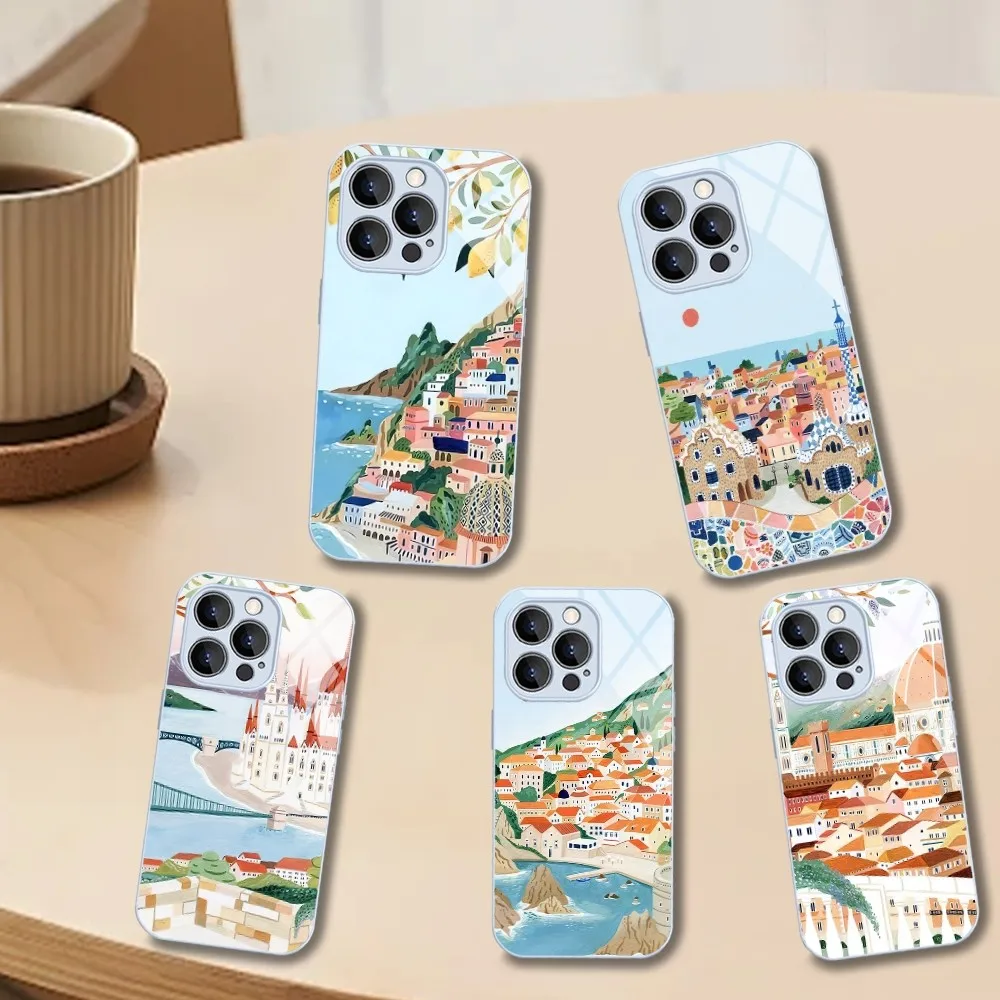 Paisaje nórdico Barcelona Budapest Gardasee funda de teléfono para iPhone Mini 11 12 13 14 Pro XS Max X Plus SE XR cubierta de vidrio templado