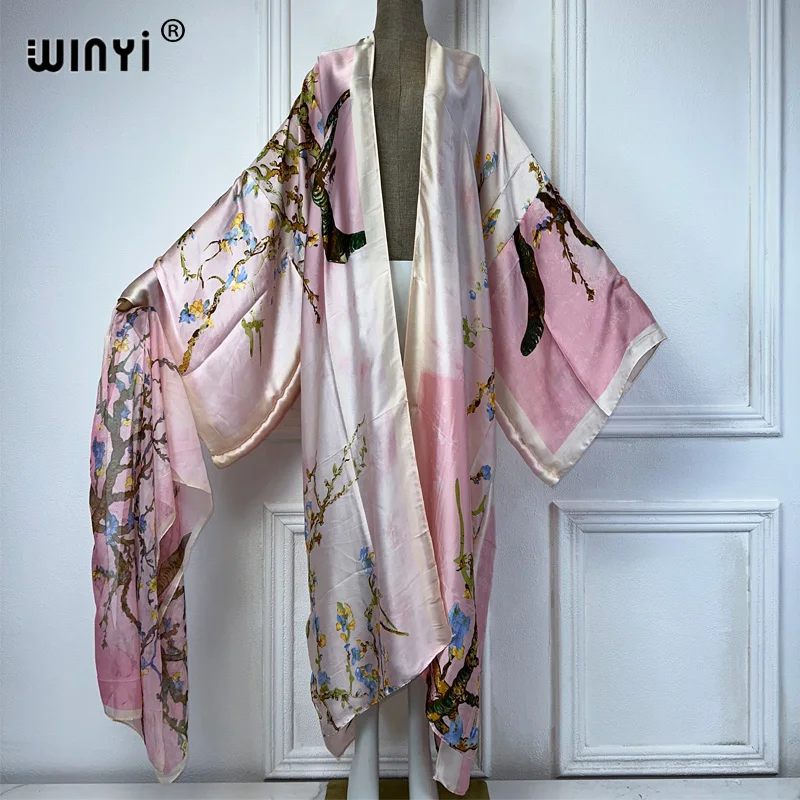 Winyi Kimono Vrouwen Zomer Fashion Print Lange Mouw Vest Vrouw Losse Abaya Casual Strand Cover Up Boho Jurk Met Sjaal