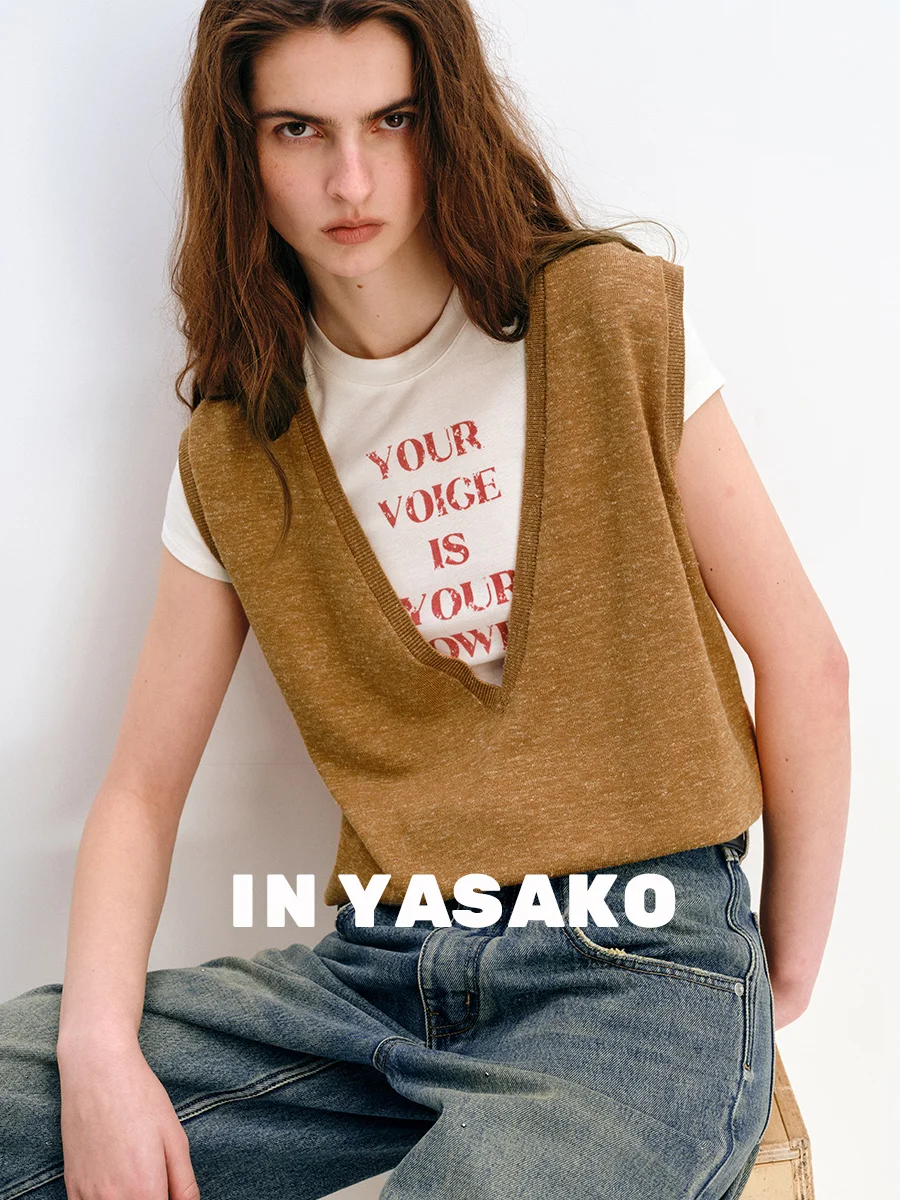 

Yasako Paris Evening News High nce Light Silk Linen Wool Deep V-ne Knitted Vest Women's Casual Sle Loose Fit Top