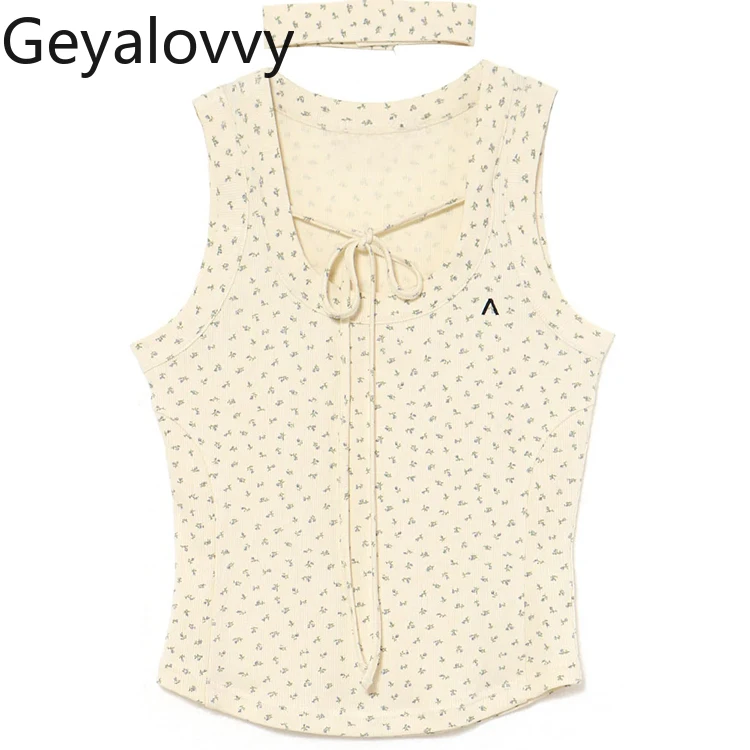 

Милая летняя новая универсальная верхняя одежда для девочек, топы на бретелях в японском стиле с завязкой на шее, эластичный вязаный жилет с круглым вырезом и шарфом