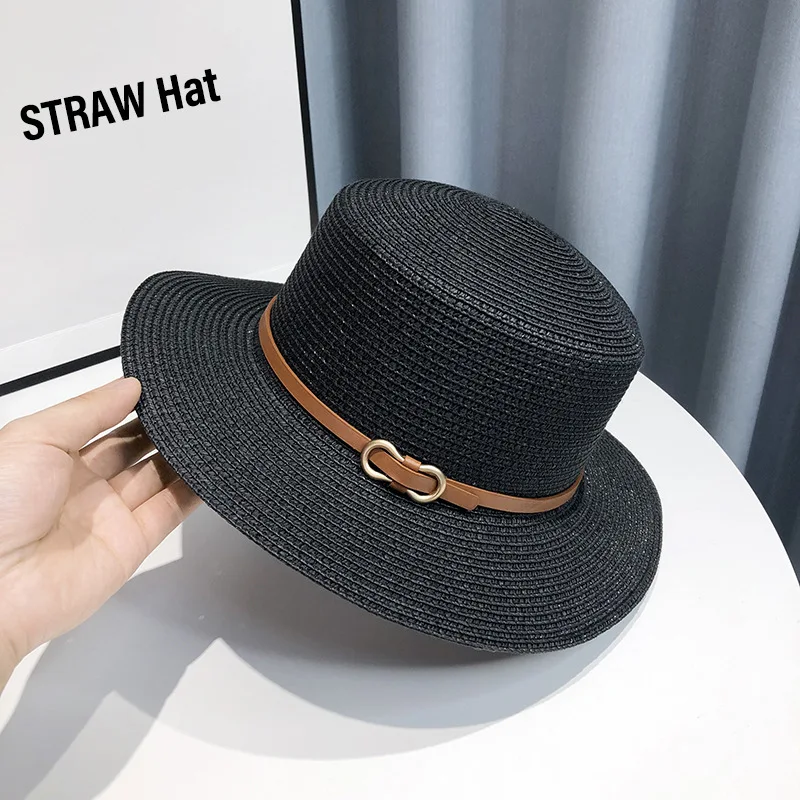 Spring and Summer Women\'s Sun Straw Hat Sun Protection Large brim Bamboo Hat Belt Buckle Fashion Fisherman Hat Cap G38