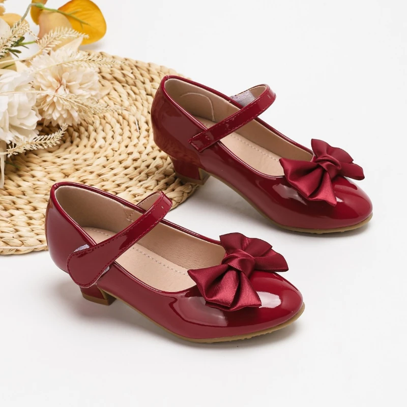 

Fashion Kids Leather Shoes Non-slip Catwalk Girls Princess Causal High Heel Shoes Wine Red Bowknot Children Wedding Party Shoes