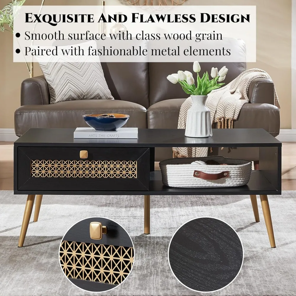 Mid Century Modern Rectangular Coffee Table with Sliding Door, Black for Living Room, Space-saving Design